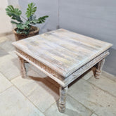 Indian Hand Solid Wooden Rustic Coffee Table Whitewash 90x90x55cm